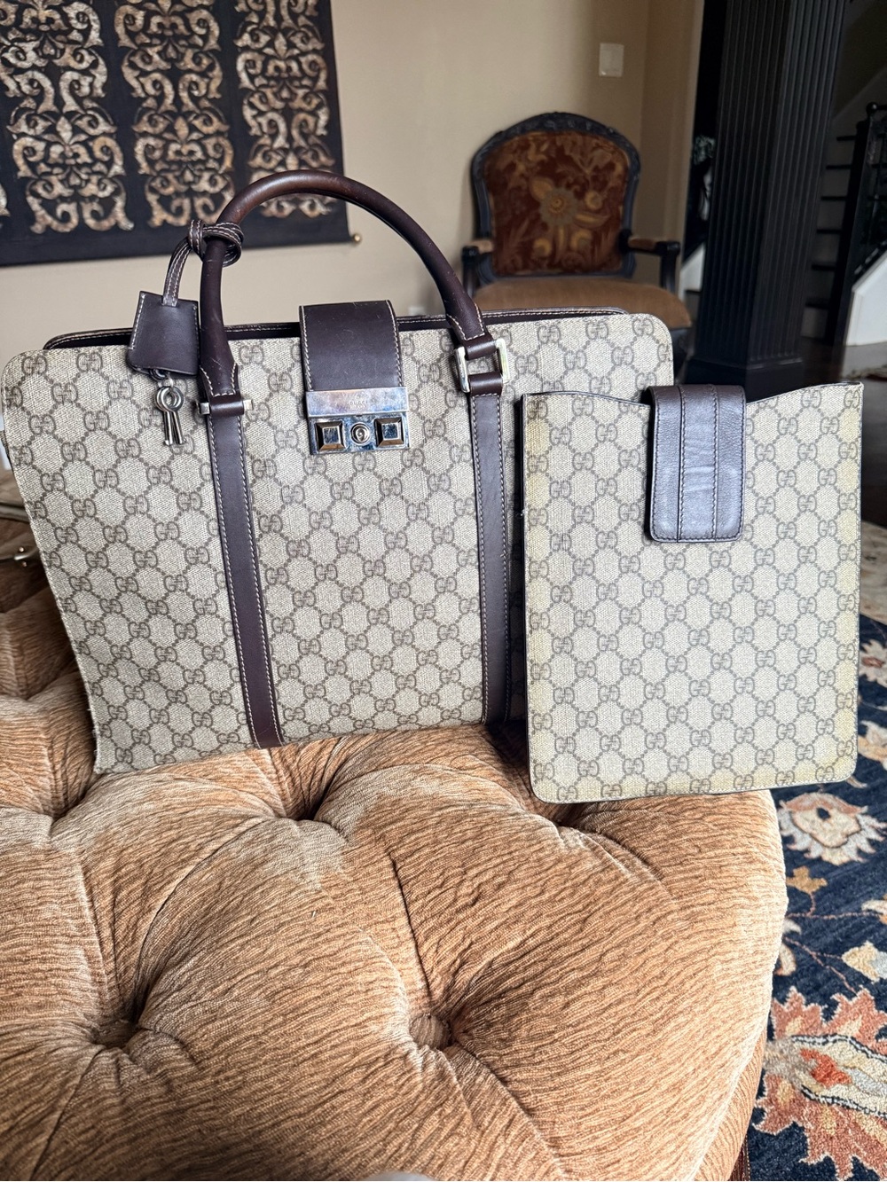 Gucci Beige GG Monogram Briefcase with Dark Brown Leather Trim